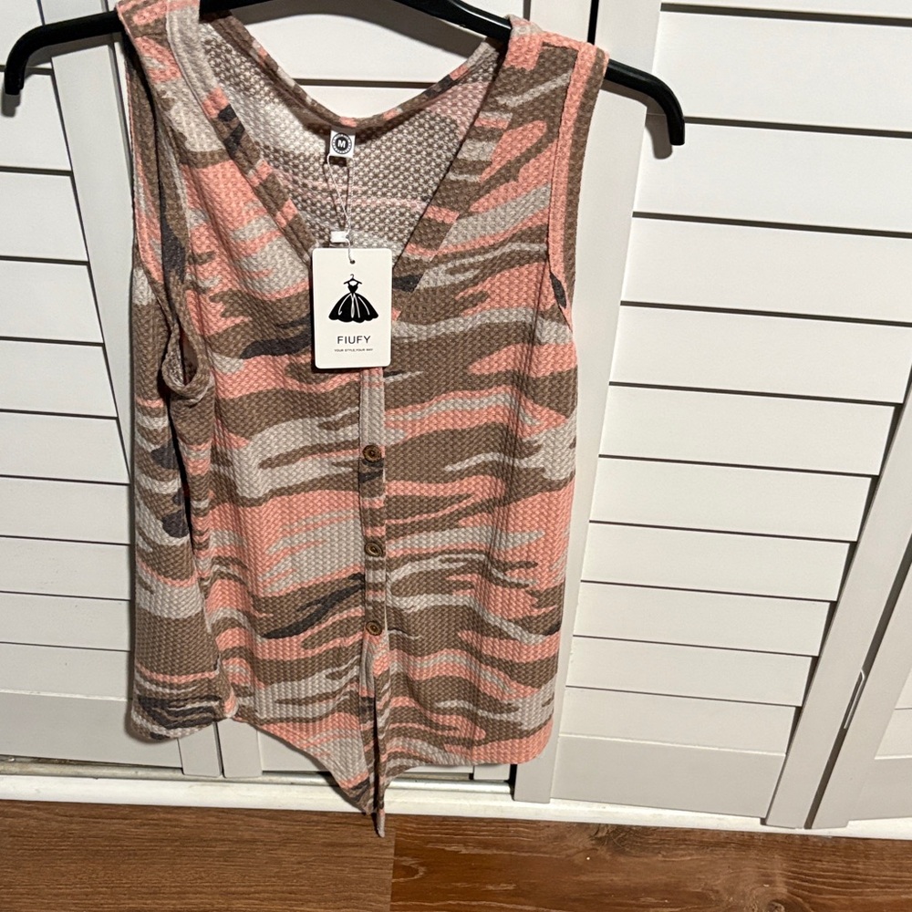 Women's Pink and Brown Camo Top